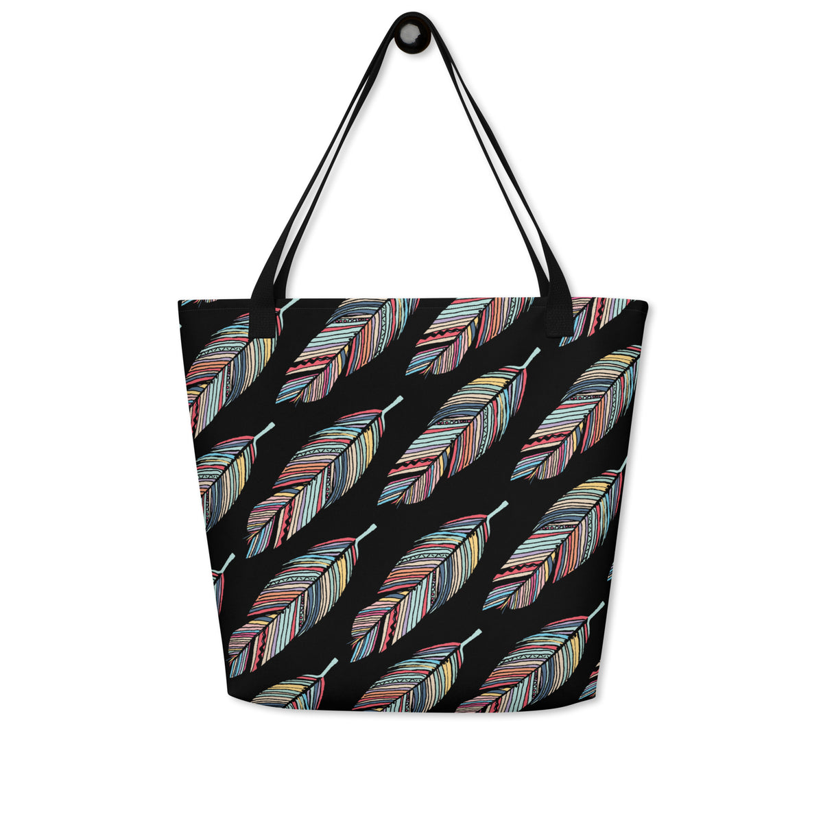 Prism Feather All-Over Print on Black Large Tote Bag with Interior Pocket