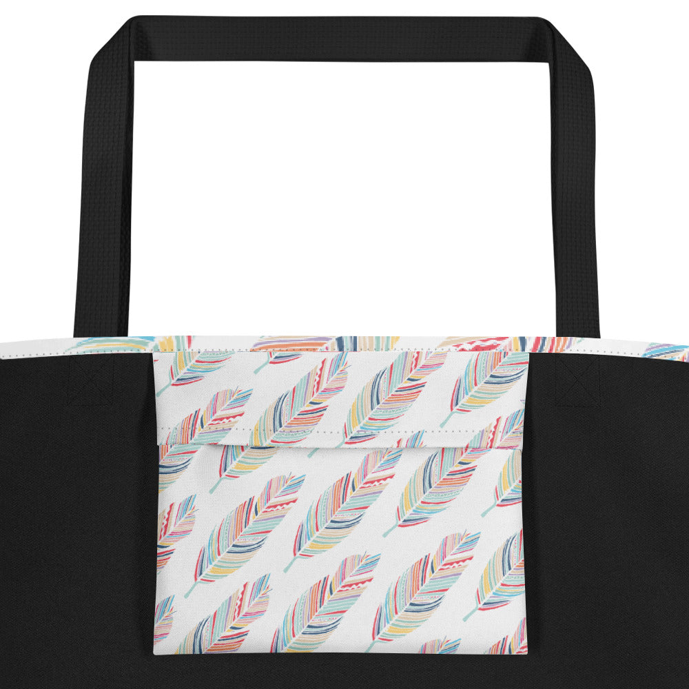 Prism Feather All-Over Print on White Large Tote Bag w/ Interior Pocket
