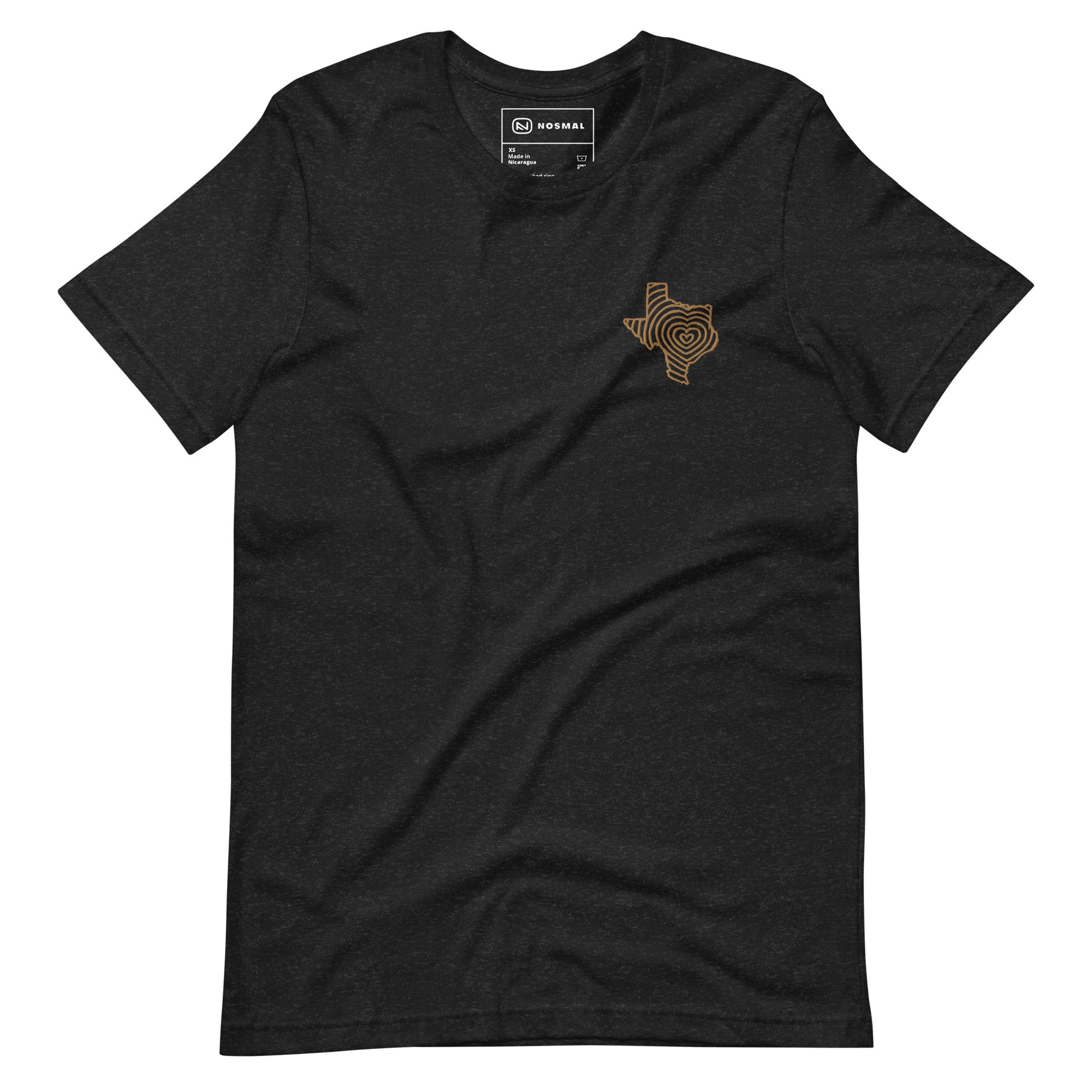 Straight on view of heartbeat of texas gold embroidered design on heather black unisex t-shirt.