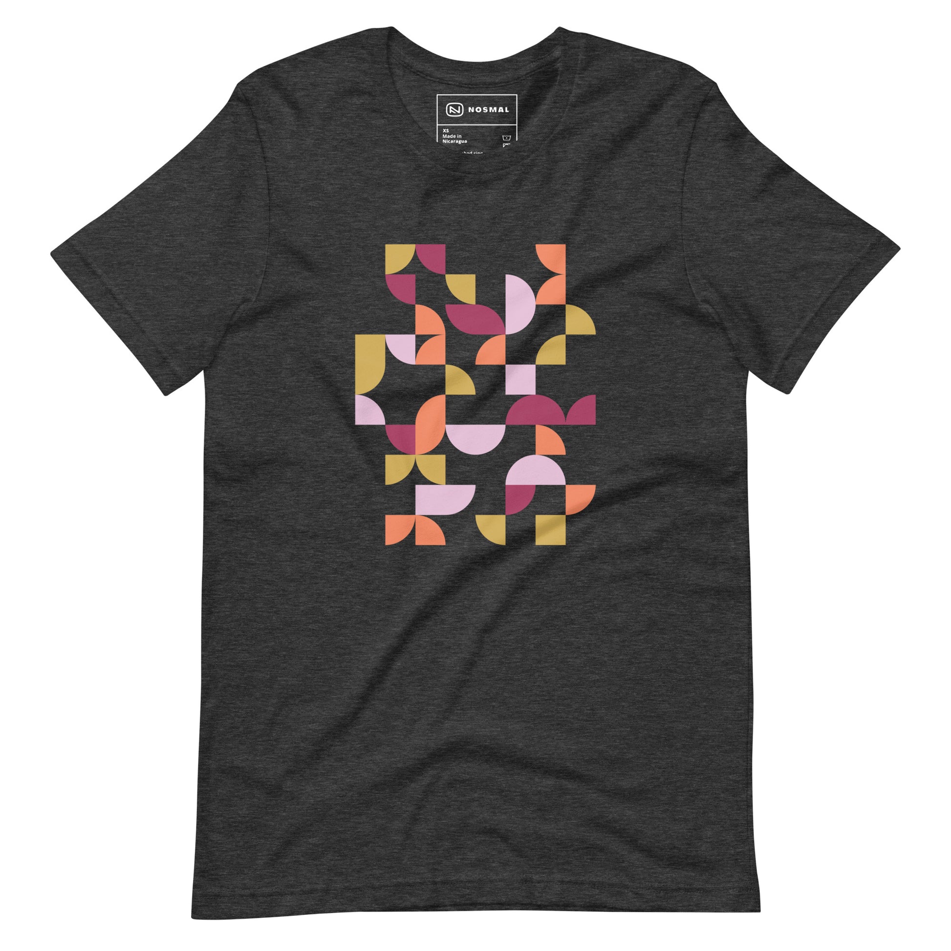 Straight on view of geometria I sunset design on heather dark grey unisex t-shirt.