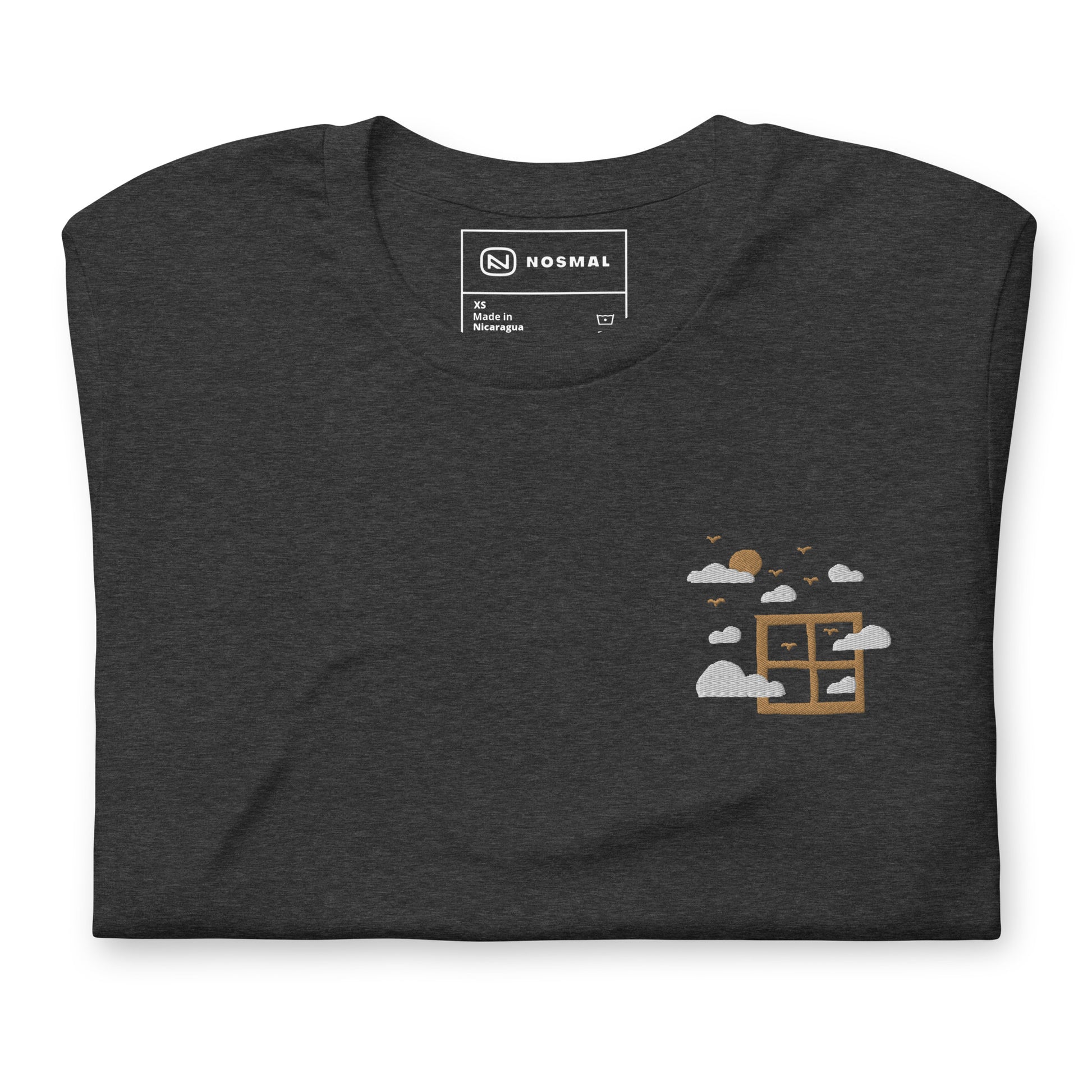 Top down view of fresh air embroidered design on heather dark grey unisex t-shirt.