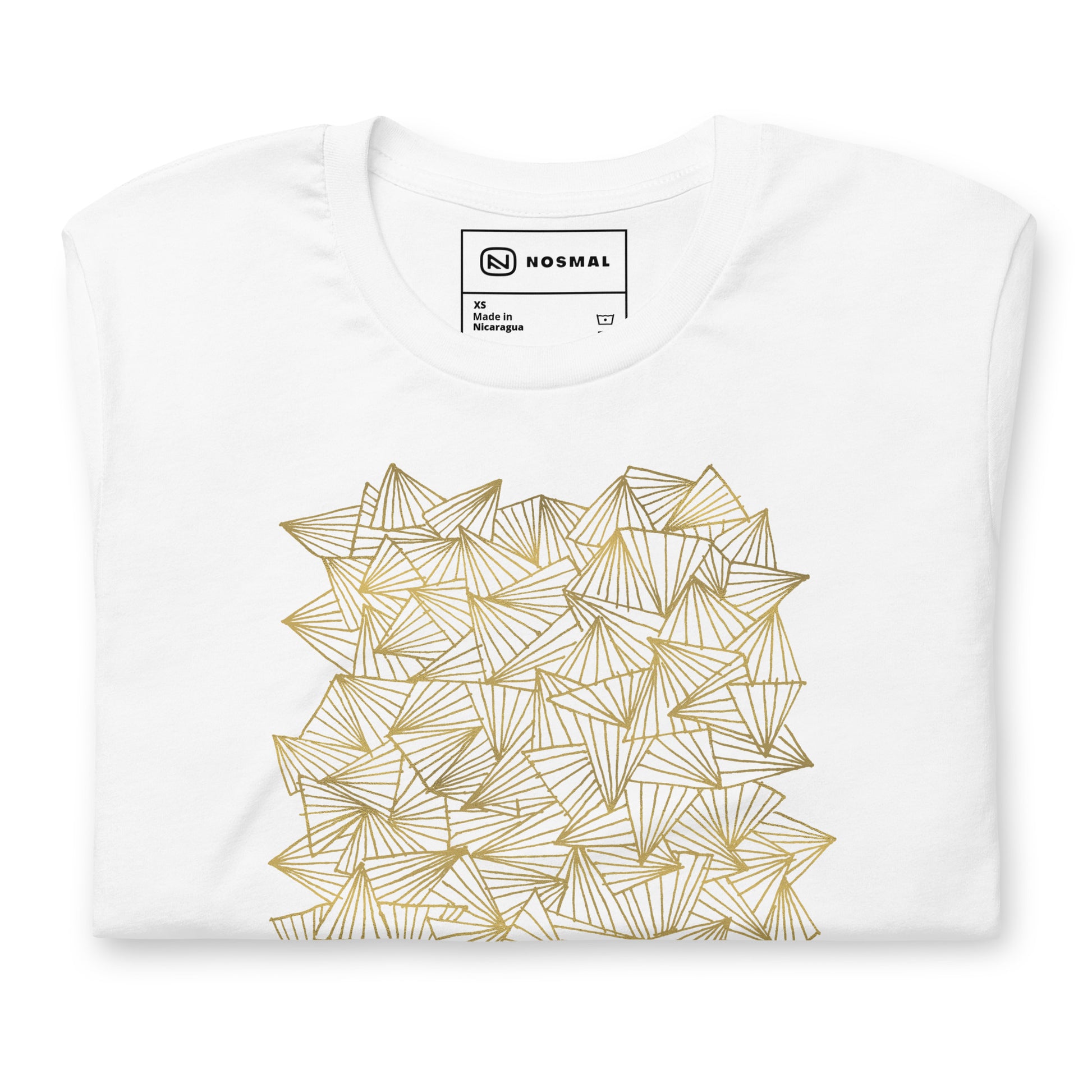 Top down view of gaggle of triangles gold design on white unisex t-shirt.