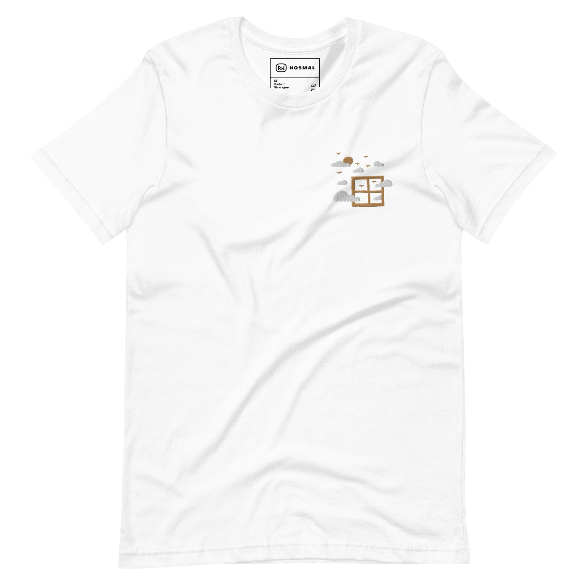 Straight on view of fresh air embroidered design on white unisex t-shirt.